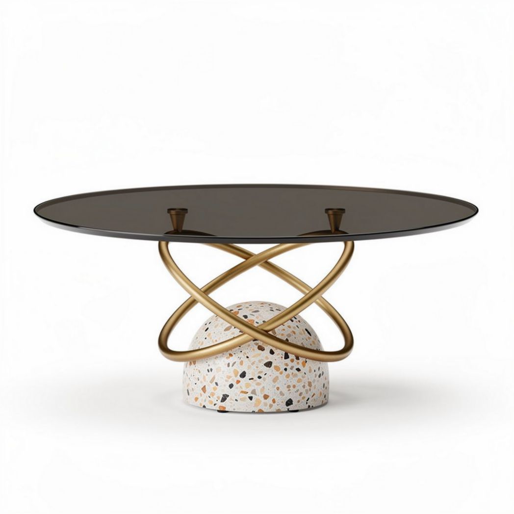 Terrazzo base coffee table with smoked glass top and gold accents 100 x 60 x 40cm