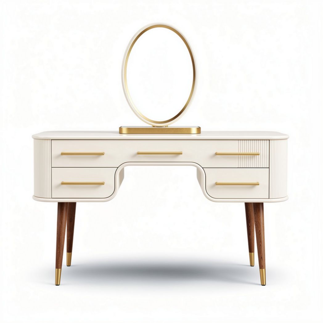 Vanity desk with mirror and wooden legs in white and gold 100 x 40 x 75cm