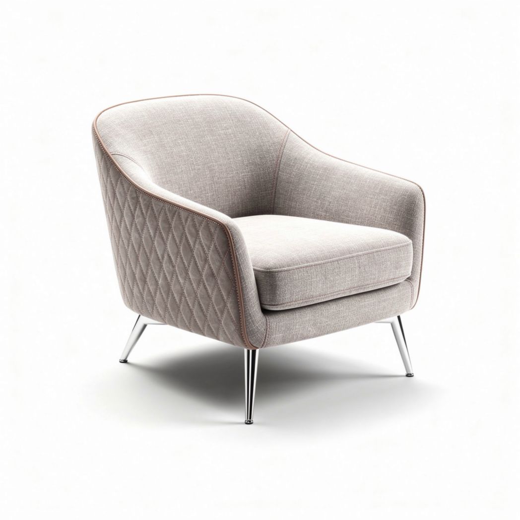 Quilted fabric armchair with chrome legs for living room use 80 x 80 x 85cm