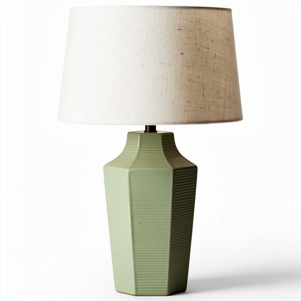 Green ceramic table lamp with linen shade 25 x 25 x 40cm