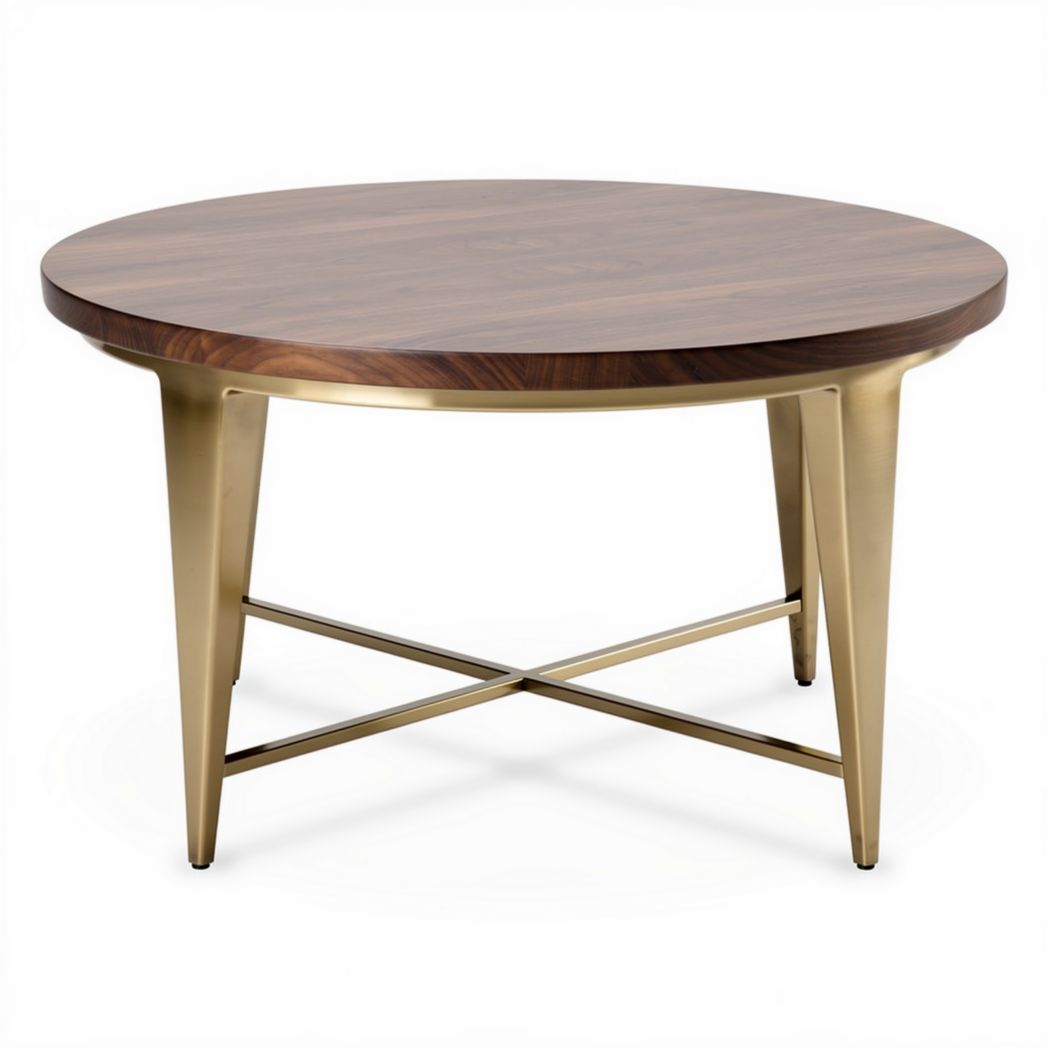 Round coffee table with walnut wood top and gold metal legs 90 x 90 x 75cm