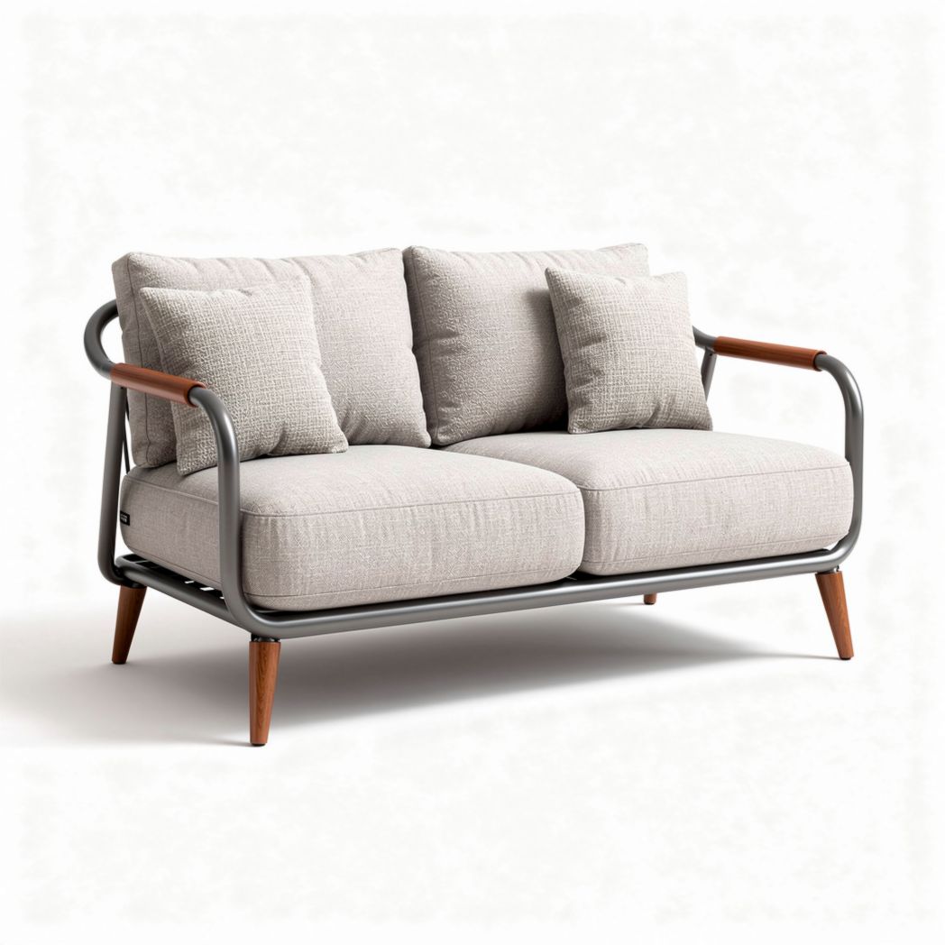 Modern two-seater sofa with gray metal frame and beige cushions 150 x 80 x 70cm